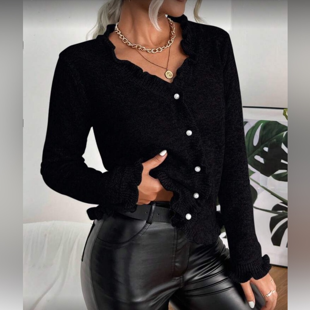 Puff Ruffled Button-Up Sweater - Picture 1 of 5